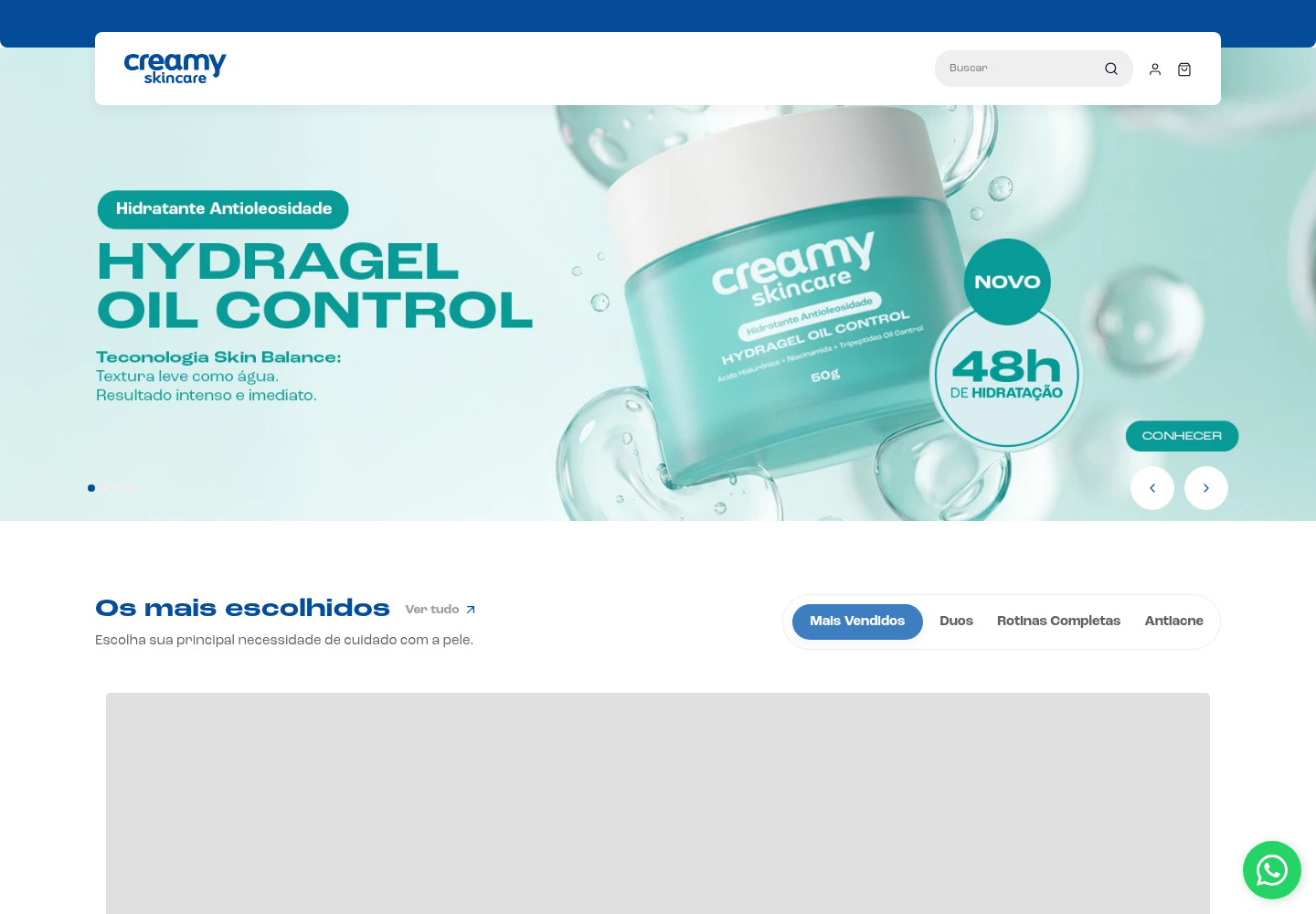 Site Creamy com produto e navegação clara